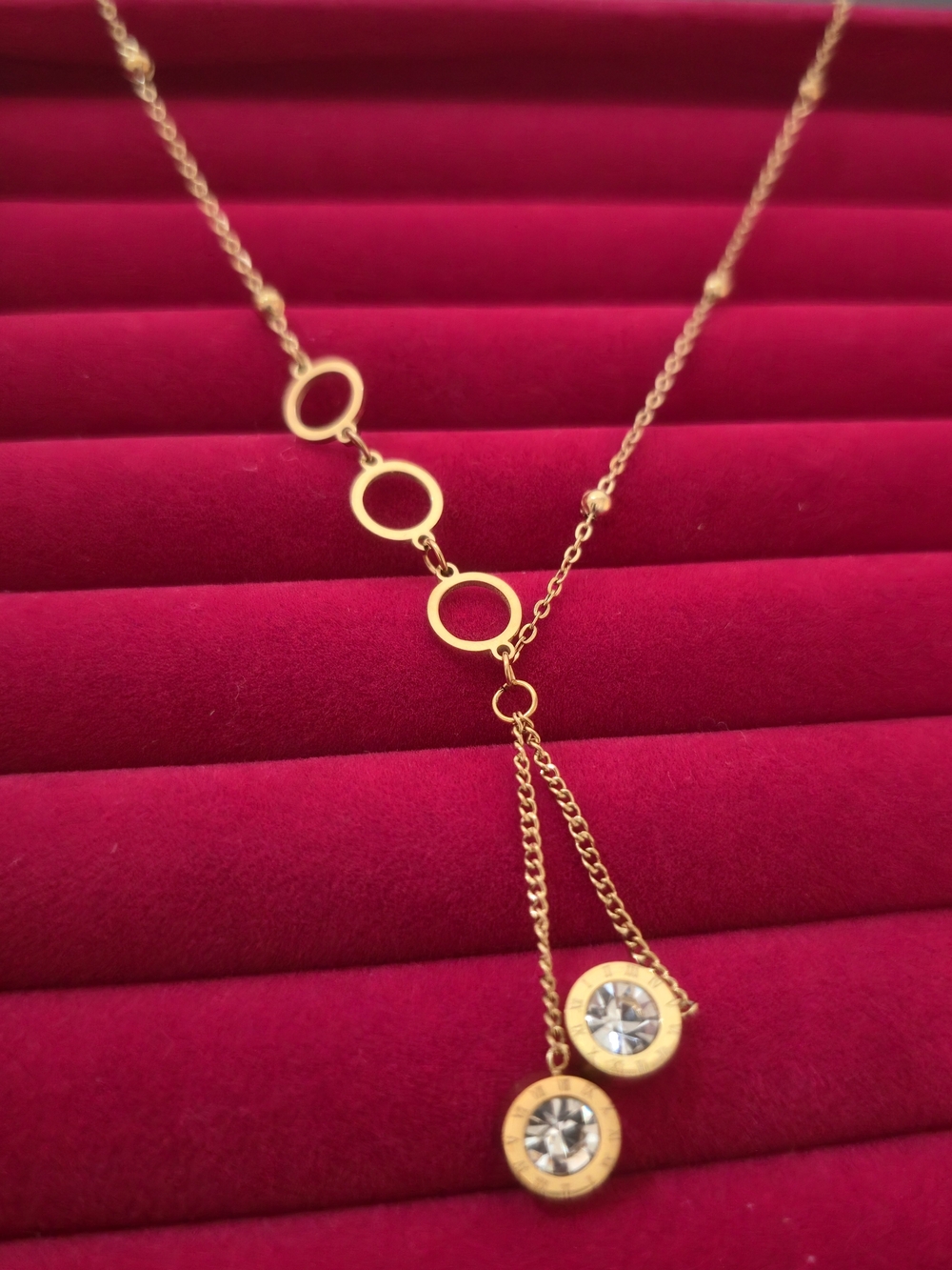 18K Gold Plated Circle Lariat Necklace with Crystal‎ Drops - Women Jewelry B004